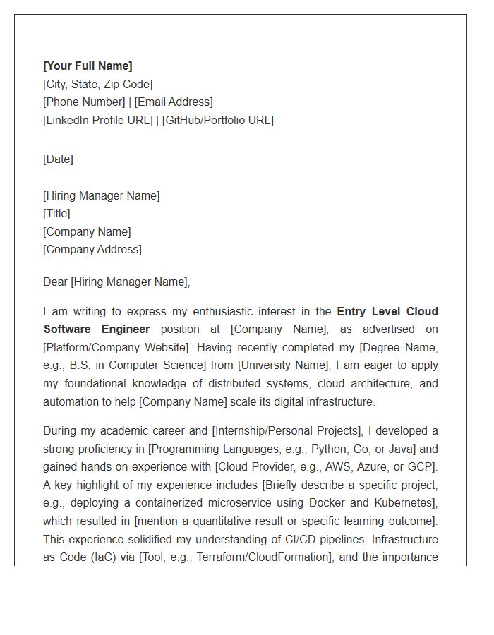 Entry Level Cloud Software Engineer Cover Letter Template