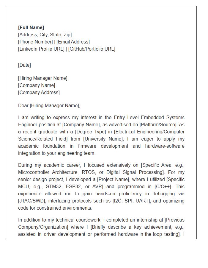 Entry Level Embedded Systems Engineer Cover Letter Template