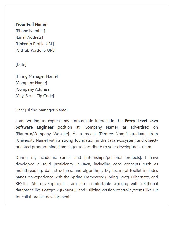 Entry Level Java Software Engineer Cover Letter Template