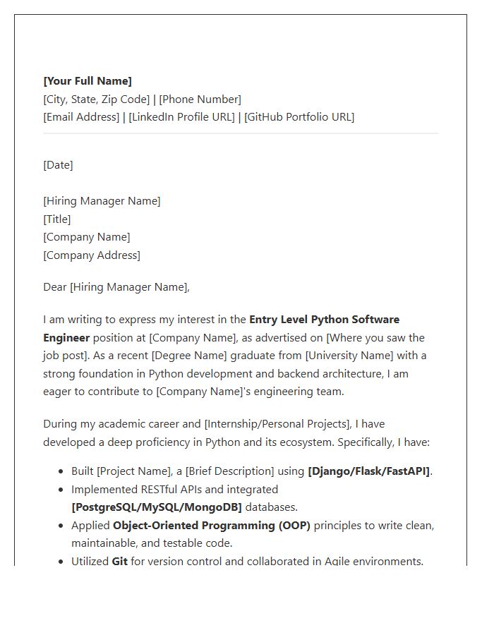 Entry Level Python Software Engineer Cover Letter Template