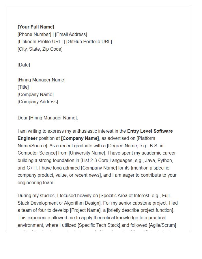 Entry Level Software Engineer With No Experience Cover Letter Template
