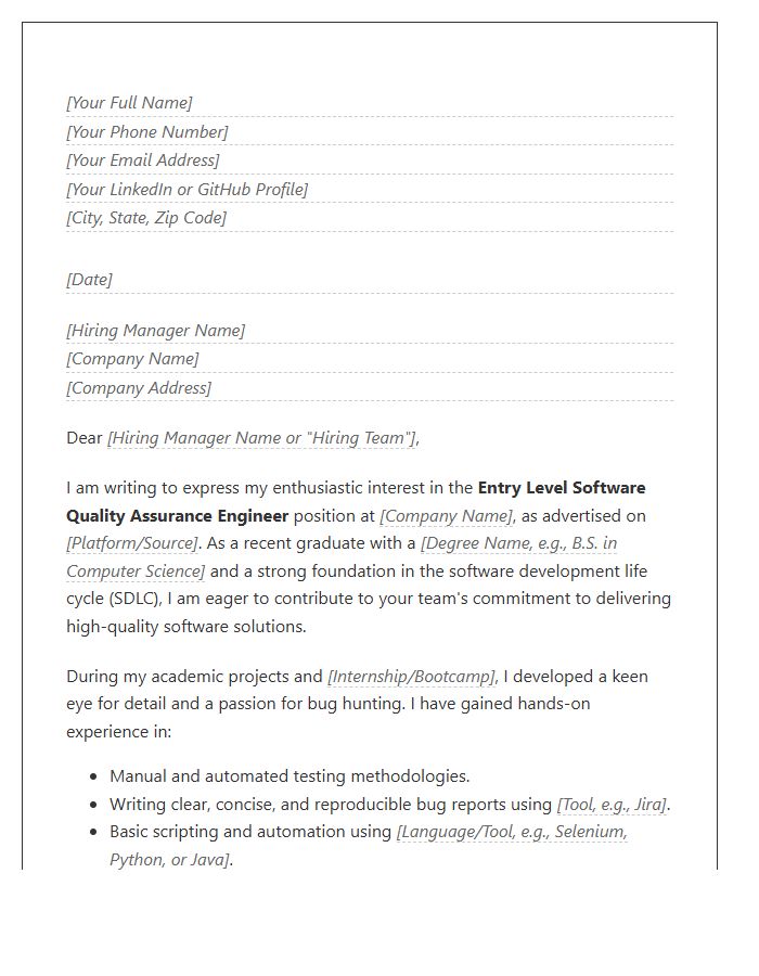 Entry Level Software Quality Assurance Engineer Cover Letter Template