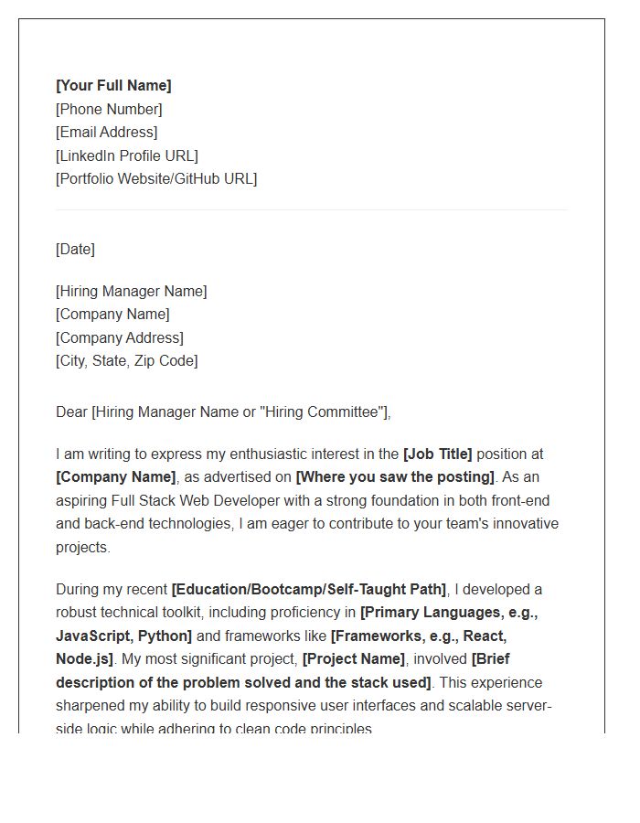 Full Stack Web Developer Entry Level Cover Letter Template