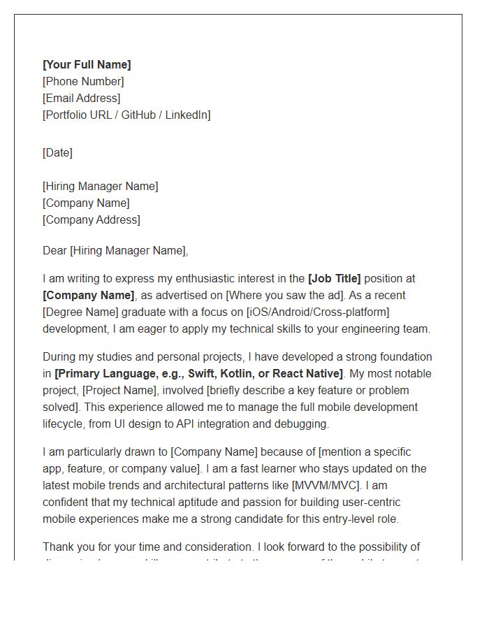 Mobile App Developer Entry Level Cover Letter Template