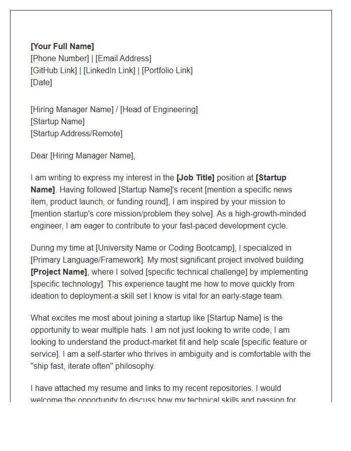 Startup Focused Entry Level Software Engineer Cover Letter Template