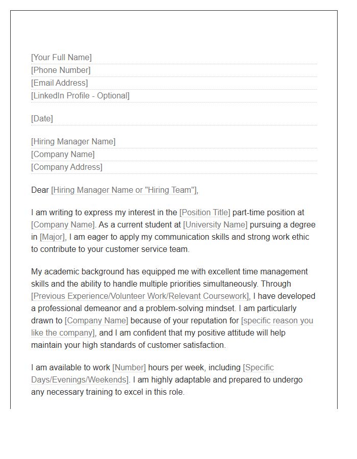 College Student Part Time Customer Service Cover Letter Template