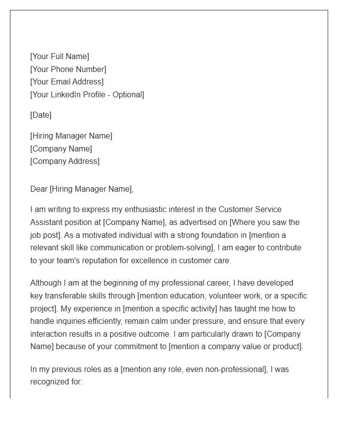 Customer Service Assistant Cover Letter Template For Beginners