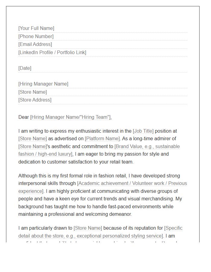 Entry Level Fashion Retail Customer Service Cover Letter Template