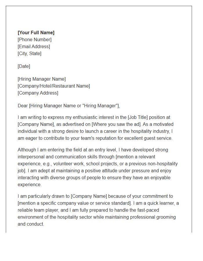 Entry Level Hospitality Customer Service Cover Letter Template