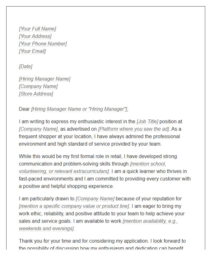 Entry Level Retail Customer Service Cover Letter Template
