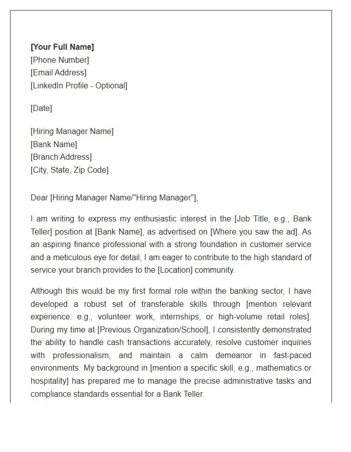 First Job Bank Teller Customer Service Cover Letter Template