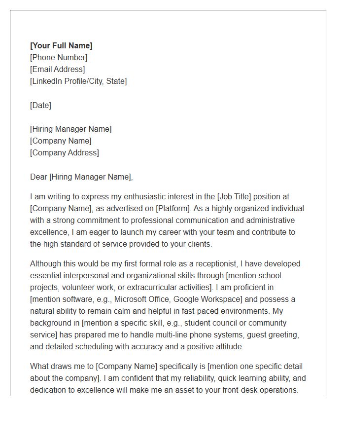 First Job Receptionist Customer Service Cover Letter Template