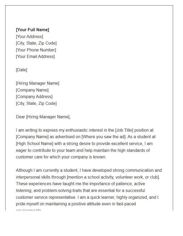 High School Student Customer Service Cover Letter Template