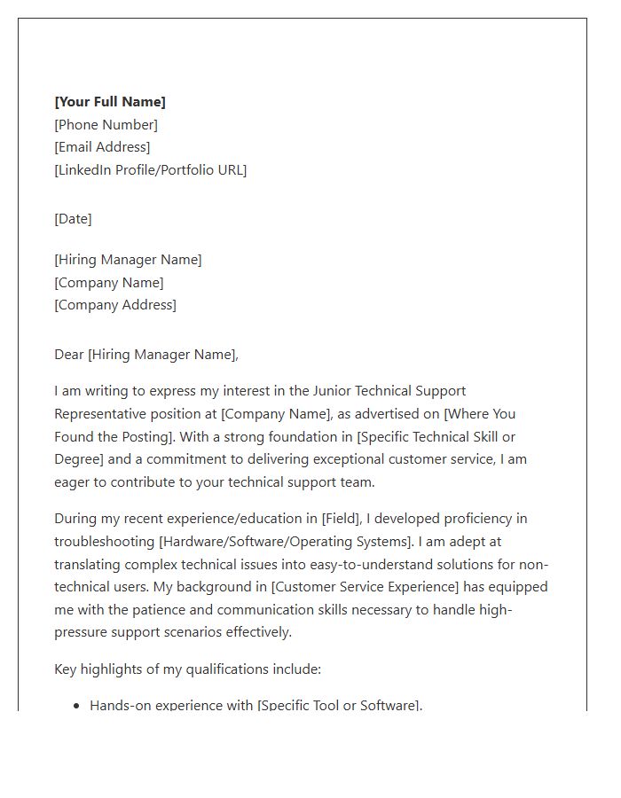 Junior Technical Support Customer Service Cover Letter Template