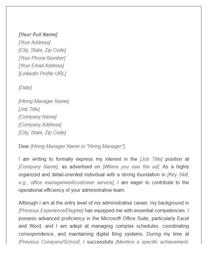 Comprehensive Entry Level Administrative Assistant Cover Letter Template