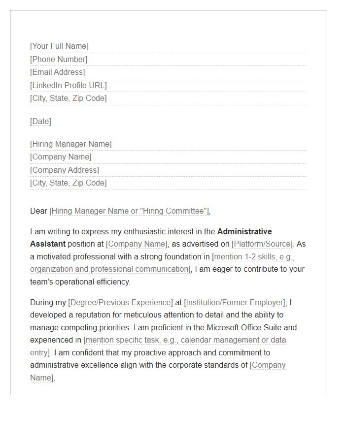 Corporate Entry Level Administrative Assistant Cover Letter Template