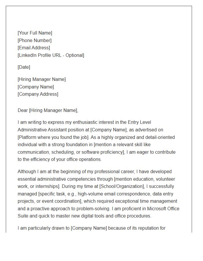 Entry Level Administrative Assistant Cover Letter Template For Candidates Without Experience