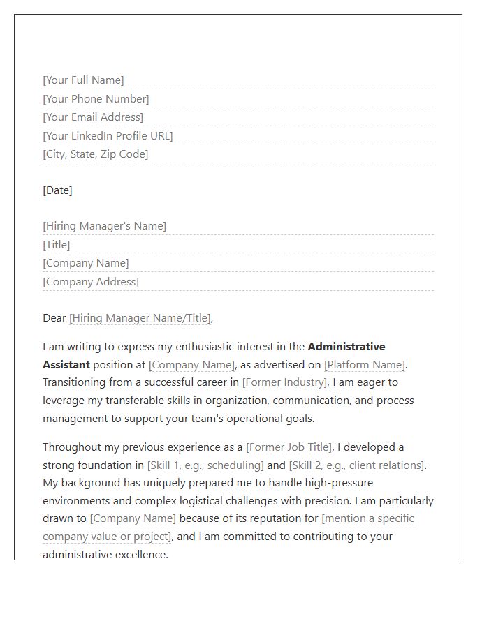 Entry Level Administrative Assistant Cover Letter Template For Career Changers