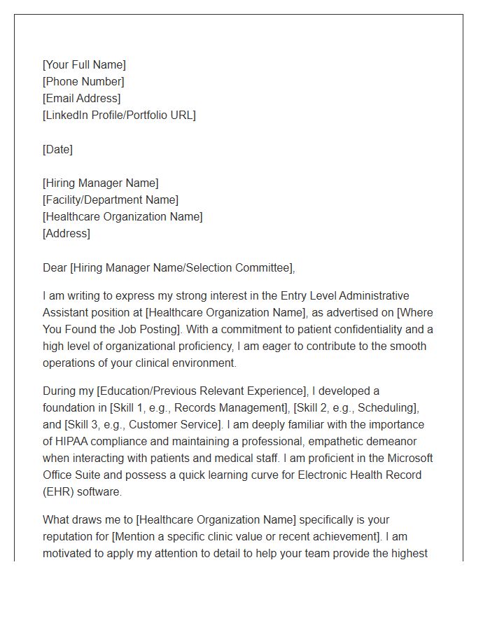 Entry Level Administrative Assistant Cover Letter Template For Healthcare Settings