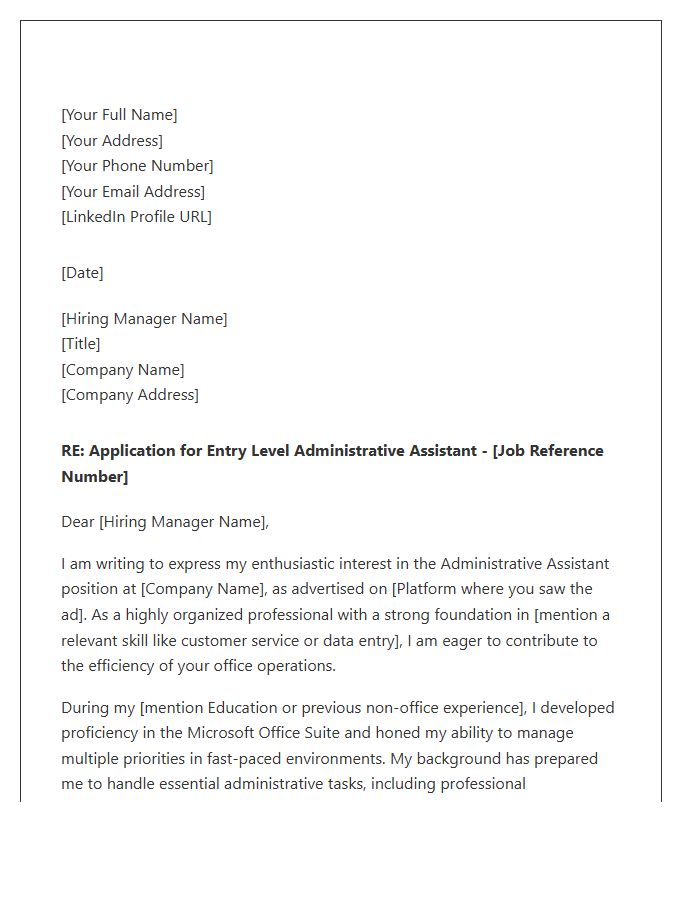 Entry Level Administrative Assistant Cover Letter Template For Office Support