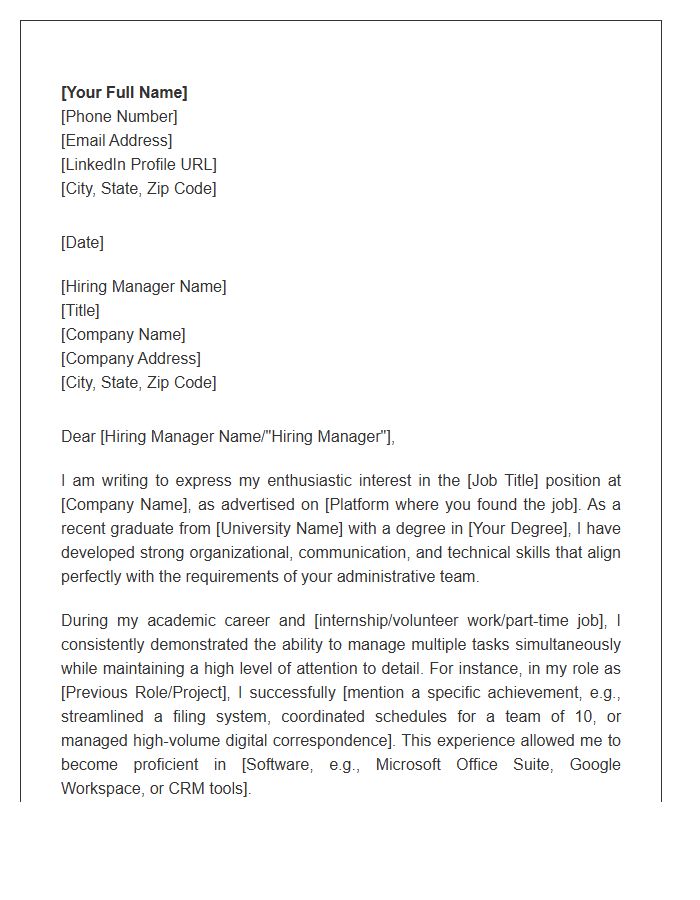 Entry Level Administrative Assistant Cover Letter Template For Recent Graduates
