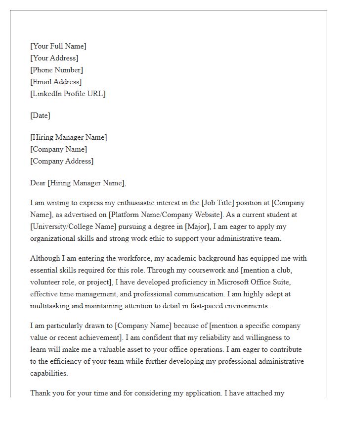 Entry Level Administrative Assistant Cover Letter Template For Student Applicants