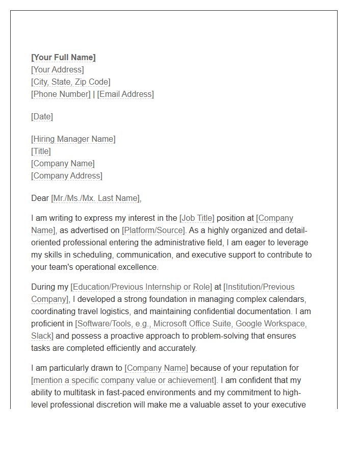 Executive Entry Level Administrative Assistant Cover Letter Template