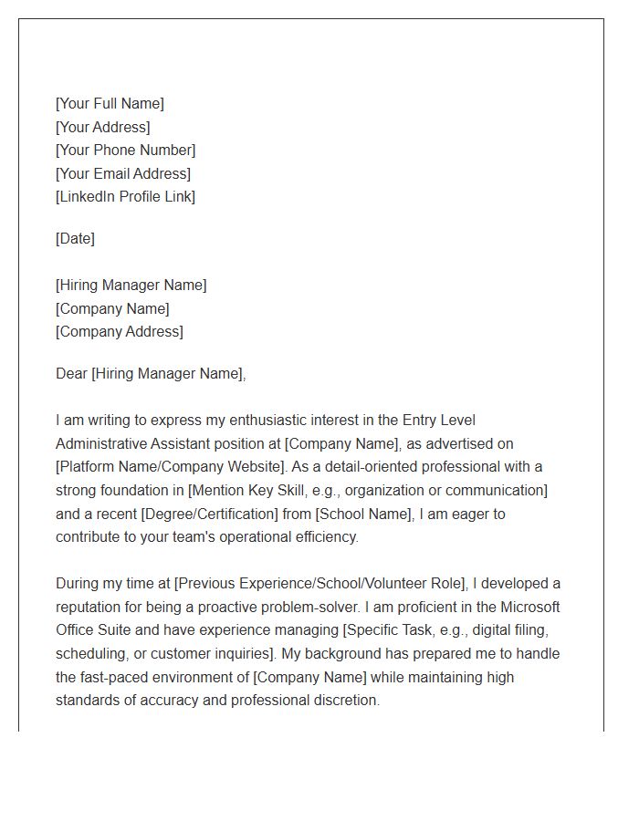 First Job Entry Level Administrative Assistant Cover Letter Template