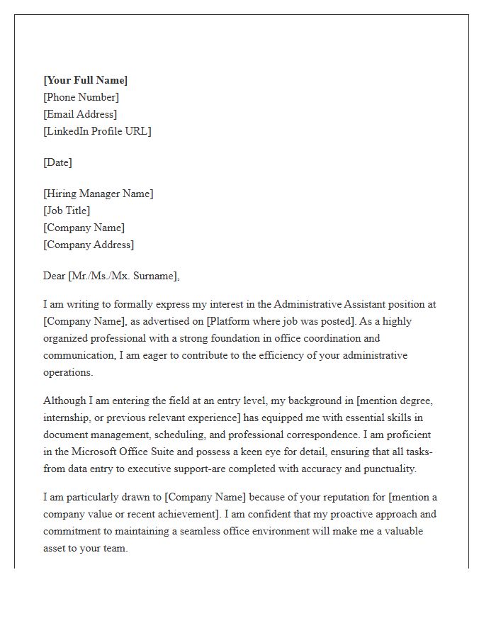 Formal Entry Level Administrative Assistant Cover Letter Template