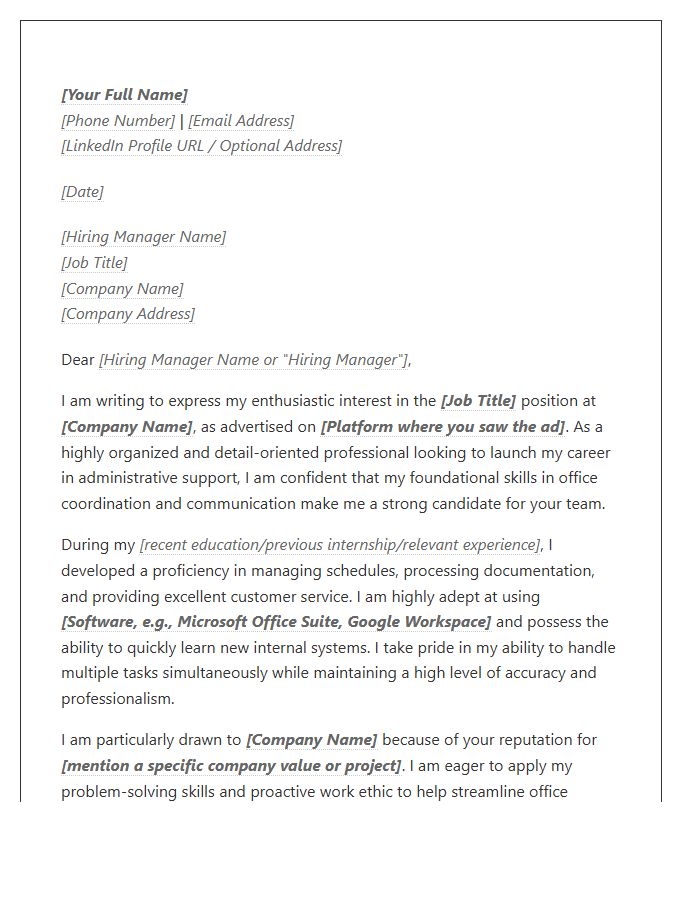 Professional Entry Level Administrative Assistant Cover Letter Template