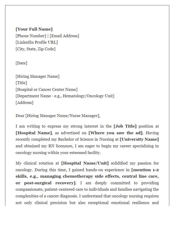 Entry Level Oncology Registered Nurse Career Cover Letter Template