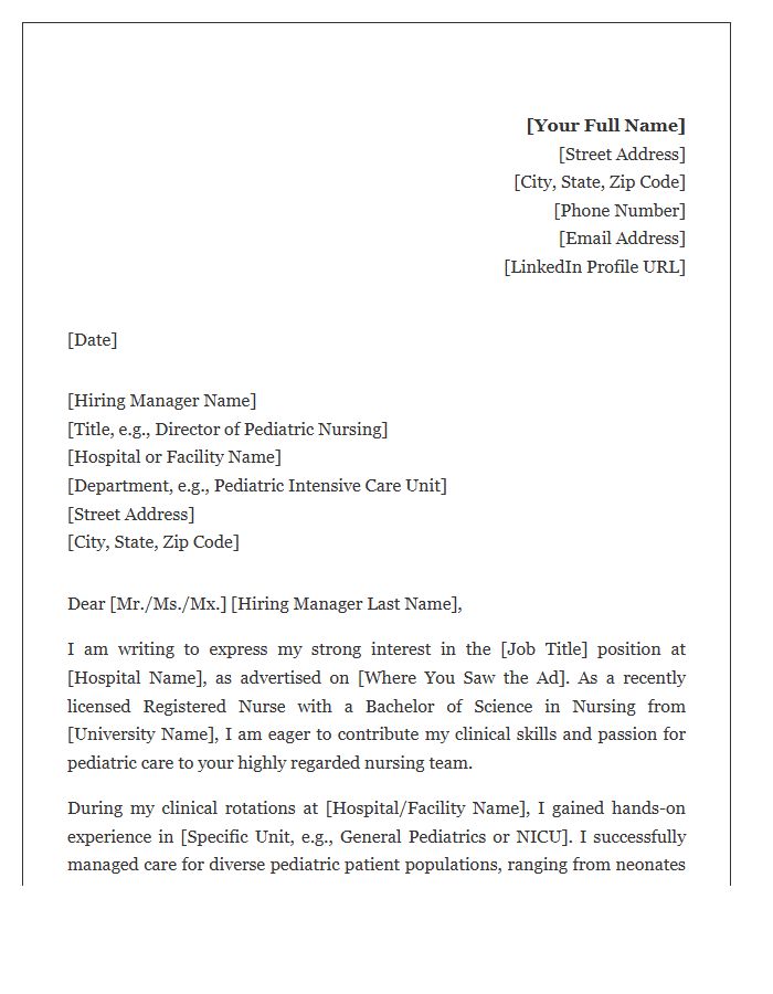 Entry Level Pediatric Registered Nurse Professional Cover Letter Template