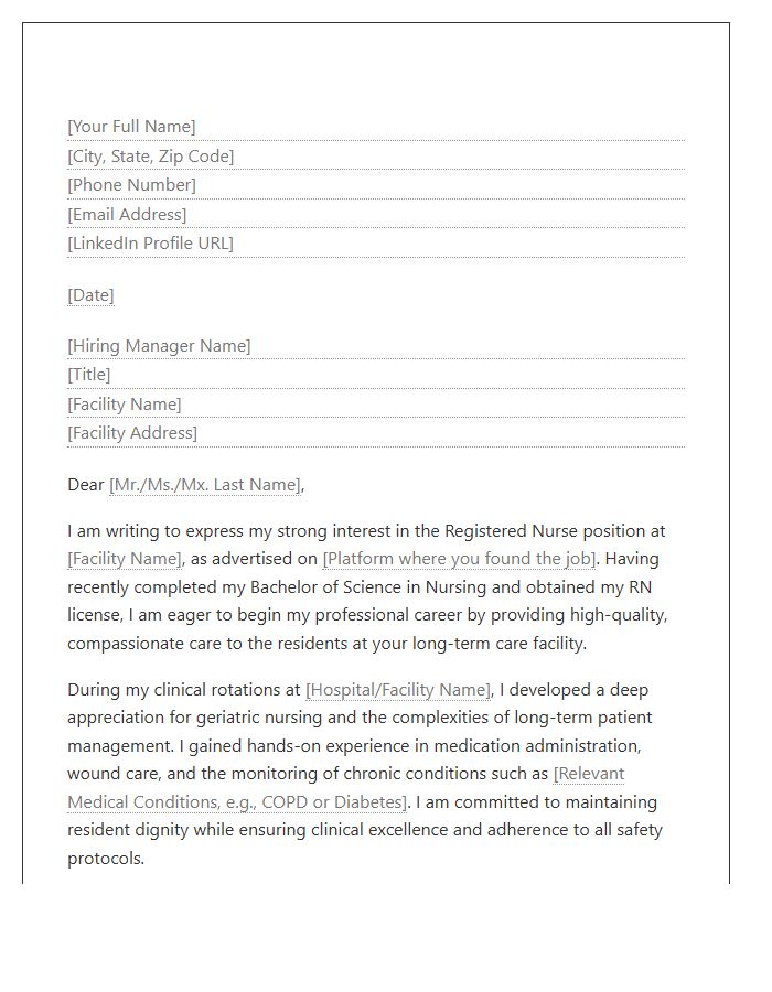 Entry Level Registered Nurse Long Term Care Cover Letter Template