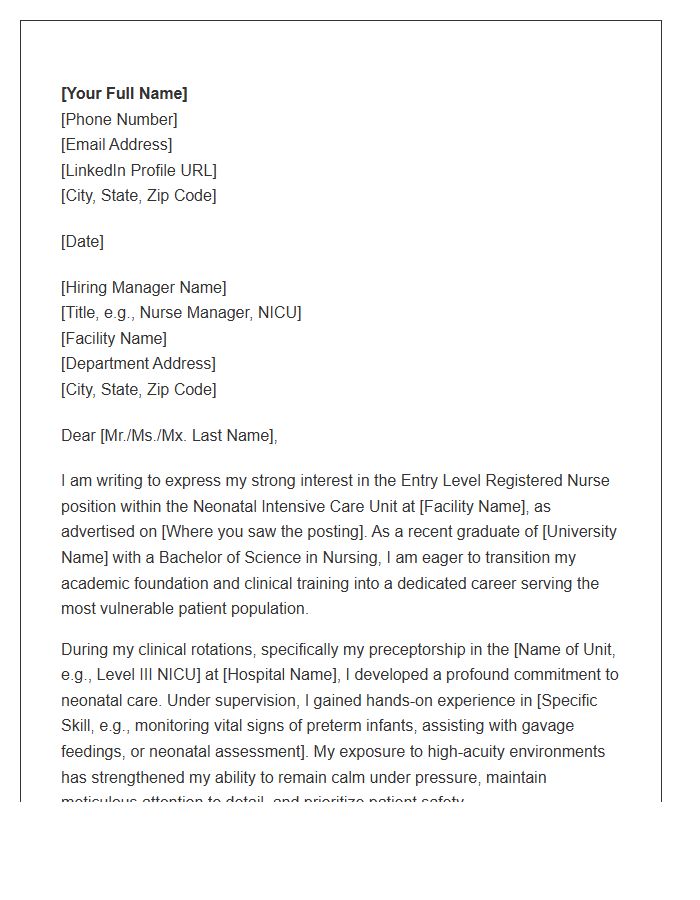 Entry Level Registered Nurse Neonatal Intensive Care Cover Letter Template