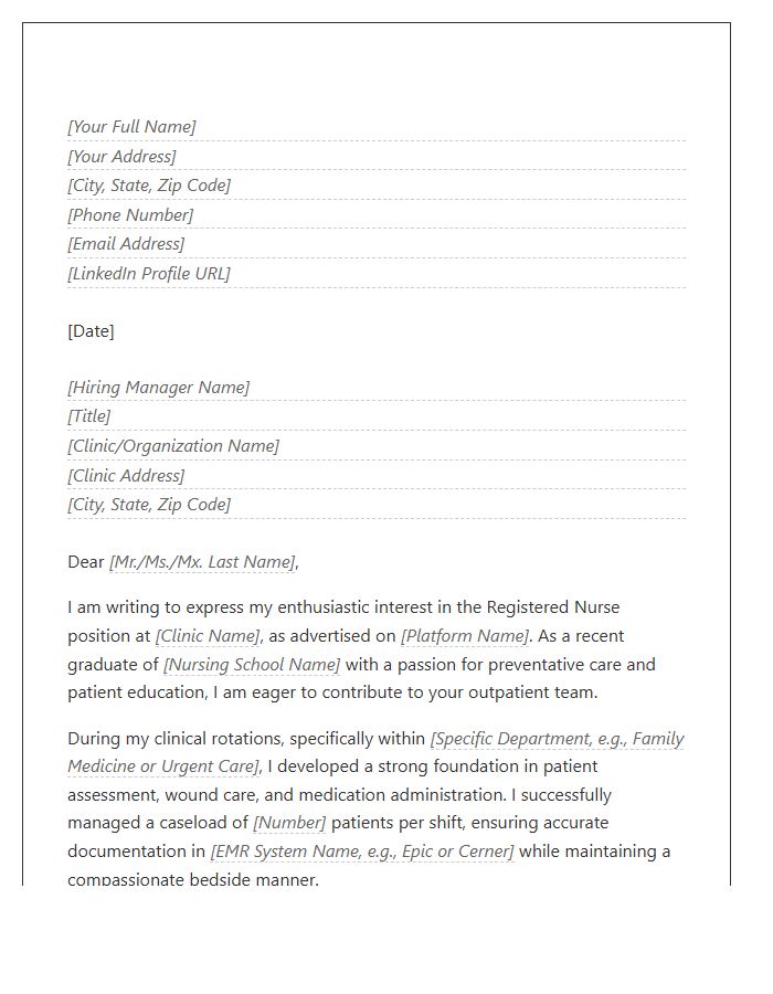 Entry Level Registered Nurse Outpatient Clinic Cover Letter Template