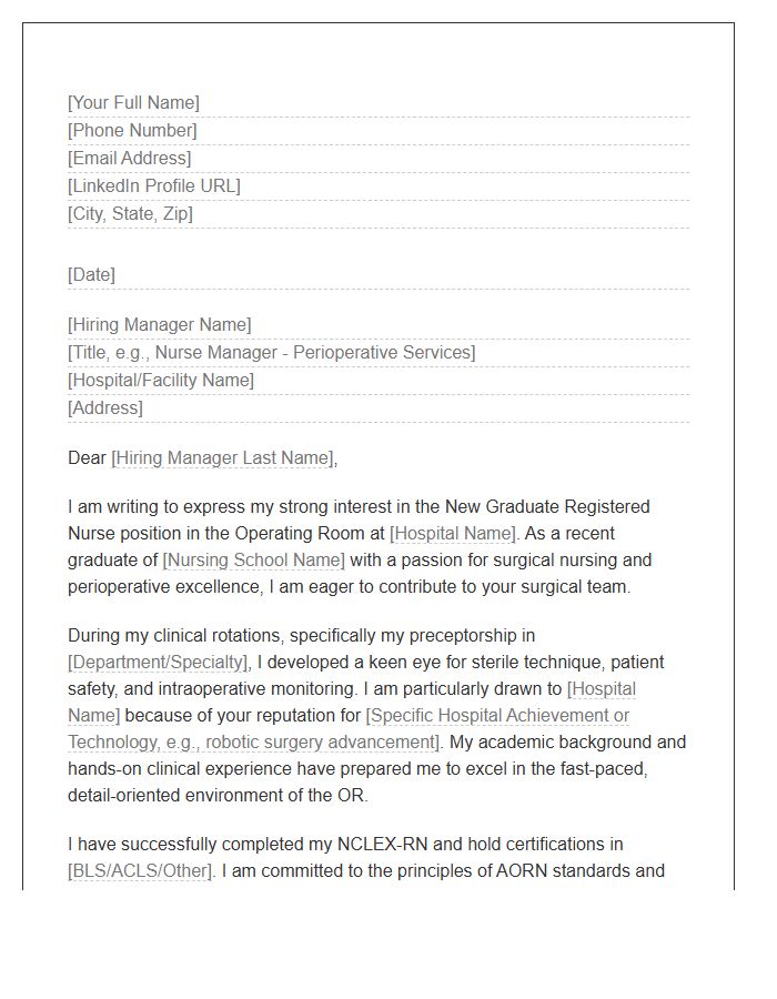 New Grad Registered Nurse Operating Room Cover Letter Template