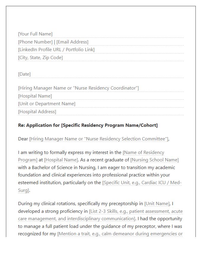 New Graduate Registered Nurse Hospital Residency Cover Letter Template