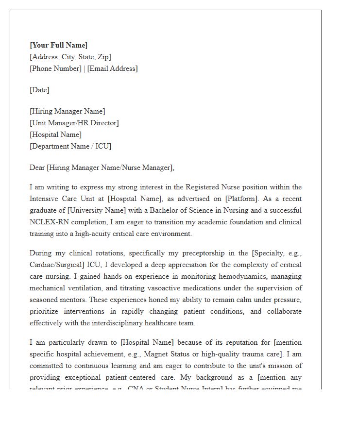Registered Nurse Entry Level ICU Department Cover Letter Template