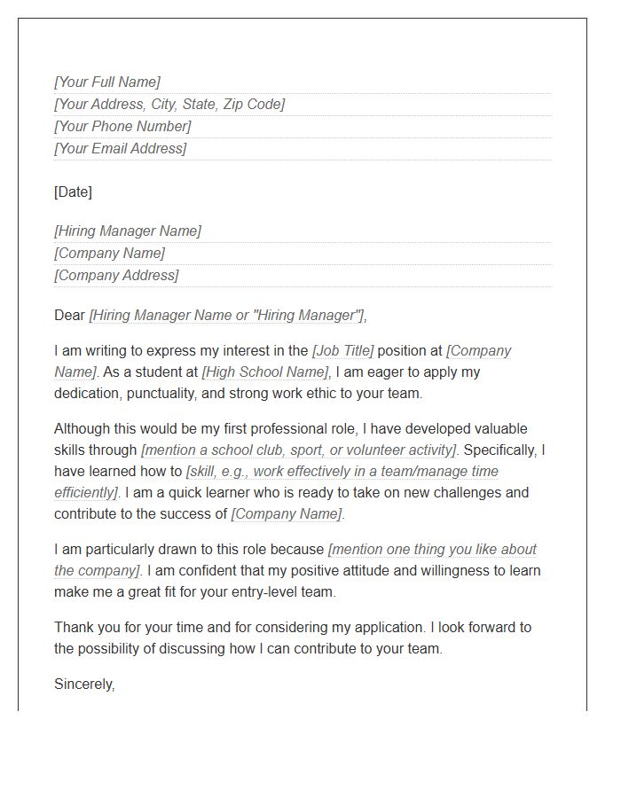 Entry Level High School Student Cover Letter Template