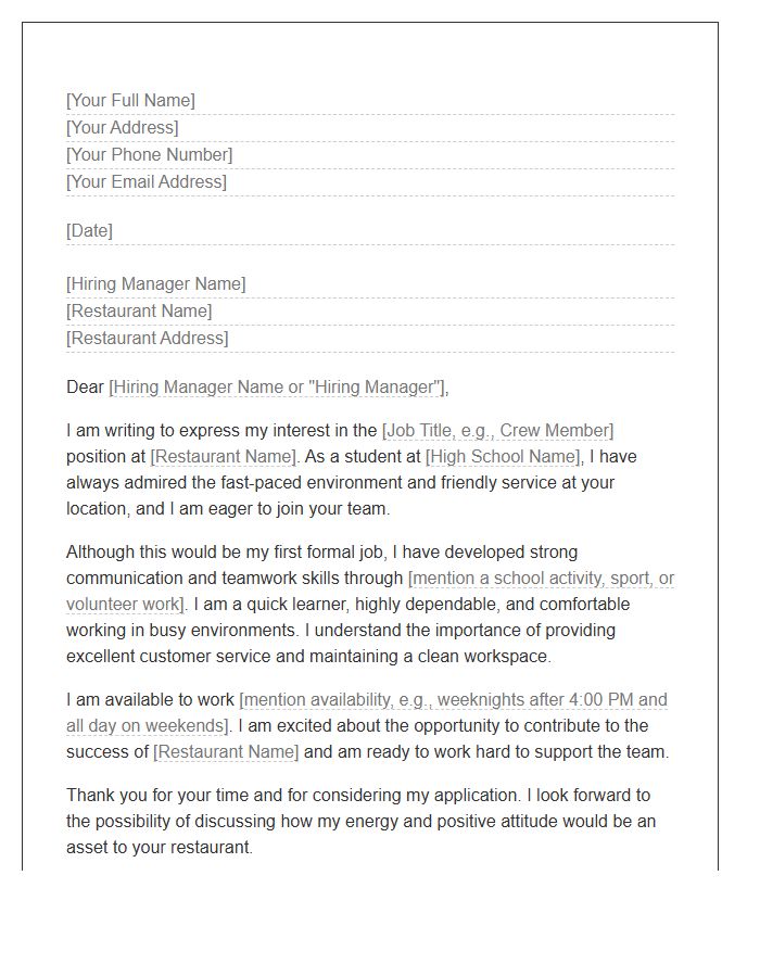 Fast Food High School Student Cover Letter Template