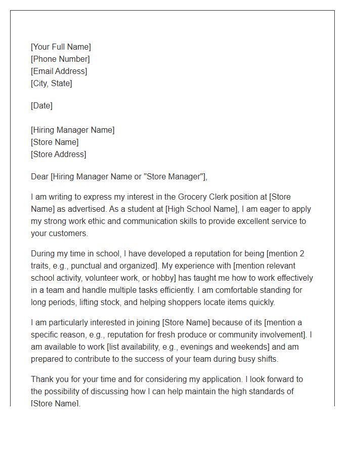 Grocery Clerk High School Student Cover Letter Template