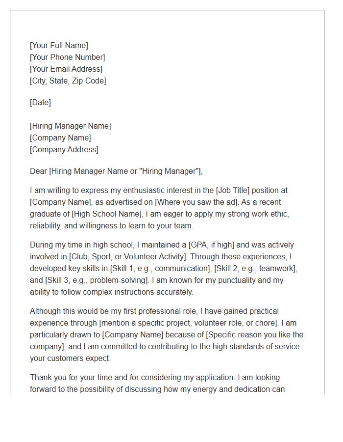 High School Graduate First Job Cover Letter Template