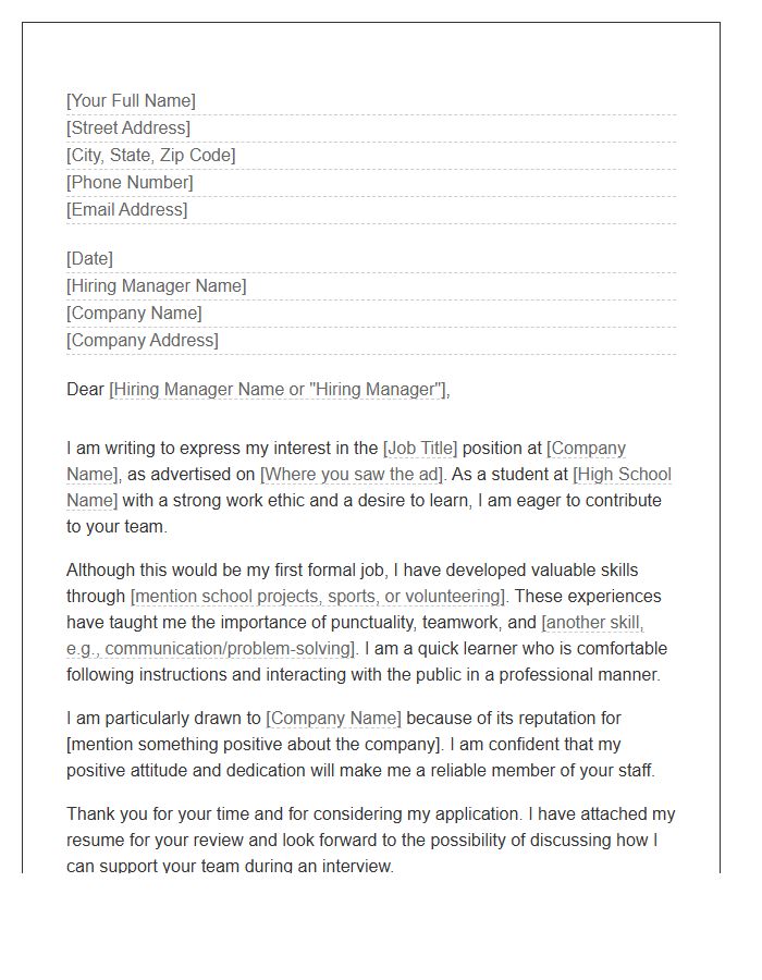 High School Student First Job Cover Letter Template