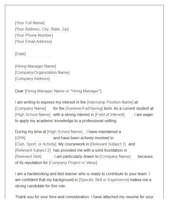 Internship Application High School Student Cover Letter Template