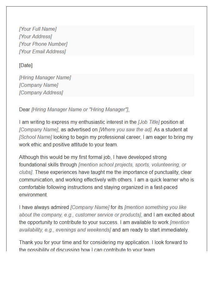 No Experience Teenager First Job Cover Letter Template