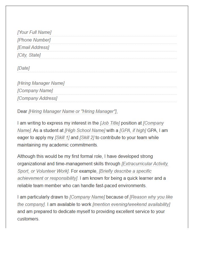 Part Time High School Student Cover Letter Template