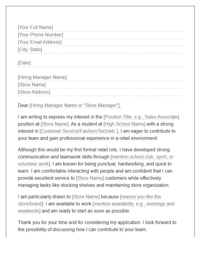 Retail Position High School Student Cover Letter Template