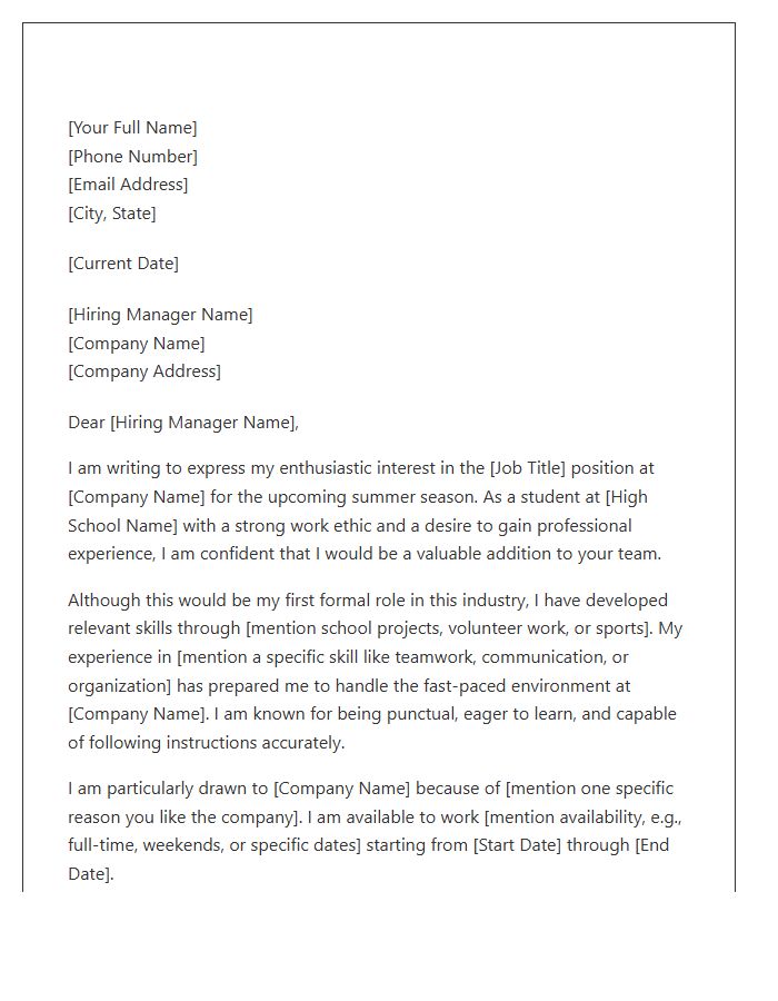 Summer Job High School Student Cover Letter Template