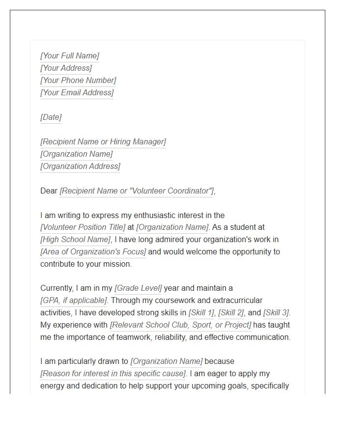 Volunteer Experience High School Student Cover Letter Template