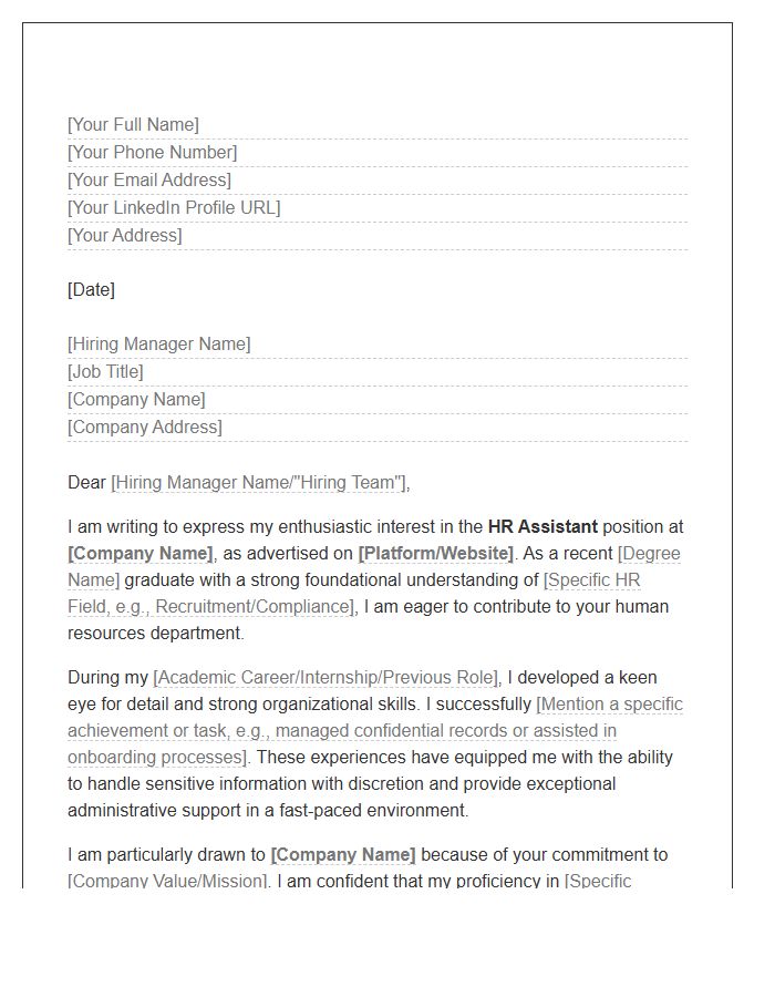 Entry Level HR Assistant Cover Letter Template